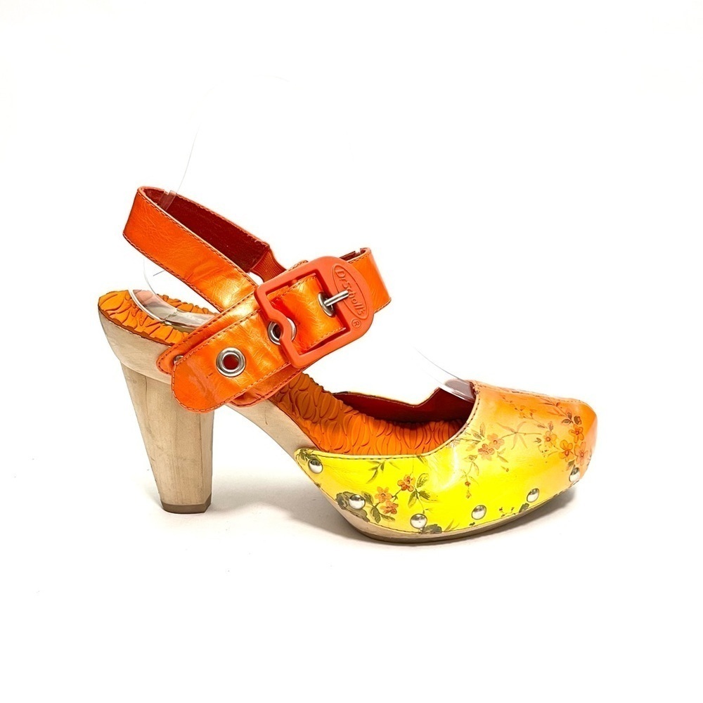 Vintage Y2K orange and yellow floral leather strappy heeled wooden clogs